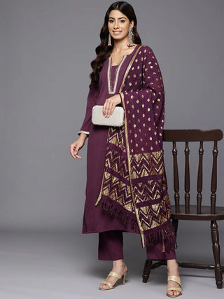 Purple Liva Solid A Line Suit Set with Heavy Dupatta