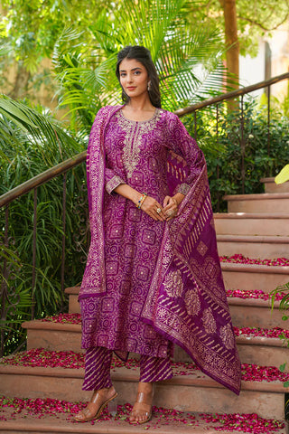 Purple Silk Blend Floral Print & Embroidered Straight Shape Suit Set with Dupatta