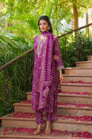Purple Silk Blend Floral Print & Embroidered Straight Shape Suit Set with Dupatta