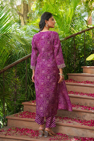 Purple Silk Blend Floral Print & Embroidered Straight Shape Suit Set with Dupatta