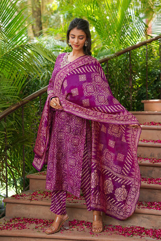 Purple Silk Blend Floral Print & Embroidered Straight Shape Suit Set with Dupatta