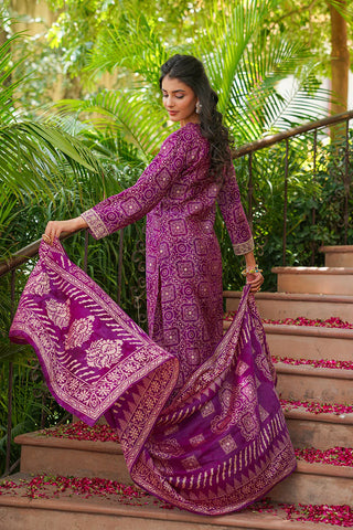 Purple Silk Blend Floral Print & Embroidered Straight Shape Suit Set with Dupatta