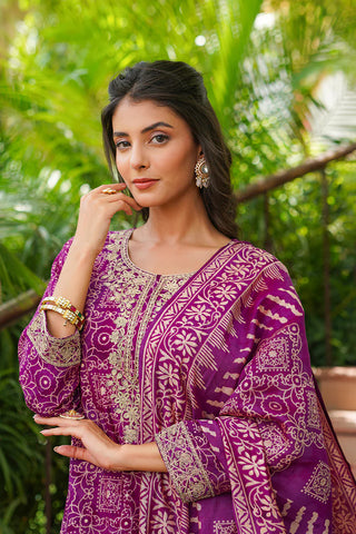 Purple Silk Blend Floral Print & Embroidered Straight Shape Suit Set with Dupatta