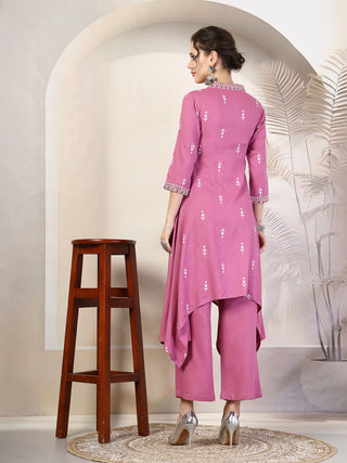 Purple Viscose Rayon Printed & Embroidered Kurta Bottom Set
