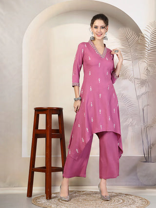 Purple Viscose Rayon Printed & Embroidered Kurta Bottom Set