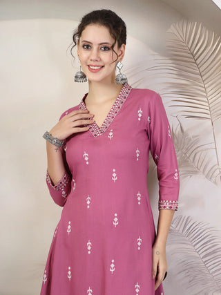 Purple Viscose Rayon Printed & Embroidered Kurta Bottom Set