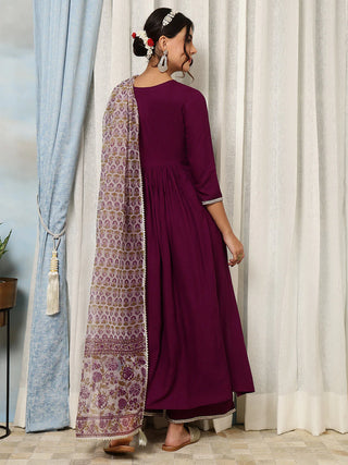 Purple Viscose Rayon Embroidered Suit Set with Printed Dupatta