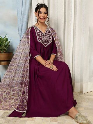 Purple Viscose Rayon Embroidered Suit Set with Printed Dupatta