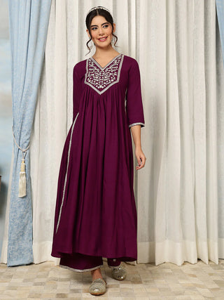 Purple Viscose Rayon Embroidered Suit Set with Printed Dupatta