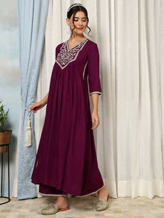 Purple Viscose Rayon Embroidered Suit Set with Printed Dupatta