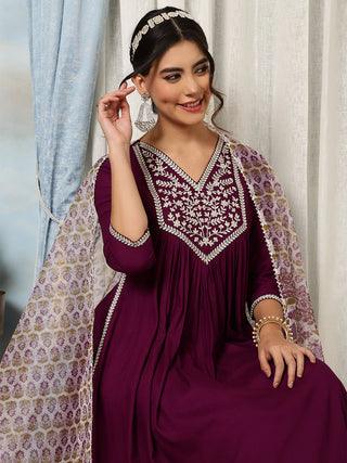 Purple Viscose Rayon Embroidered Suit Set with Printed Dupatta