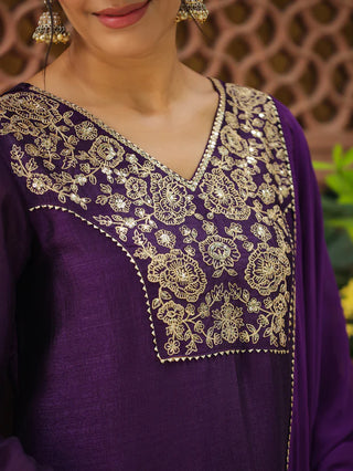 Purple Silk Blend Yoke Embroidered A Line Suit Set with Naznin Dupatta