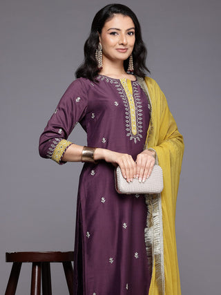 Purple Silk Blend Zari Embroidered Straight Shape Suit Set with Dupatta