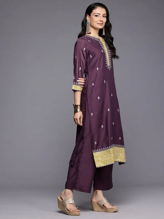 Purple Silk Blend Zari Embroidered Straight Shape Suit Set with Dupatta