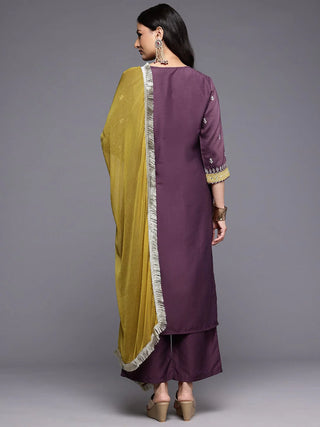 Purple Silk Blend Zari Embroidered Straight Shape Suit Set with Dupatta