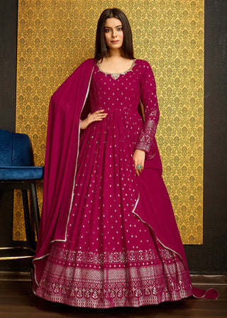 Rani Pink Faux Georgette Gown With Metallic Foil And Embroidery