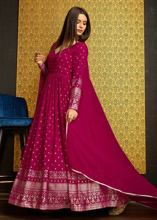 Rani Pink Faux Georgette Gown With Metallic Foil And Embroidery