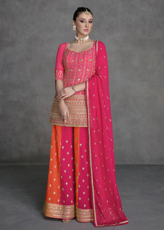 Rani Pink Georgette Sharara Suit Set With Embroidery