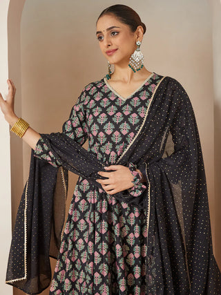 Rayon Black Ethnic Motif & Foil Print Anarkali Shape Suit Set with Chiffon Dupatta