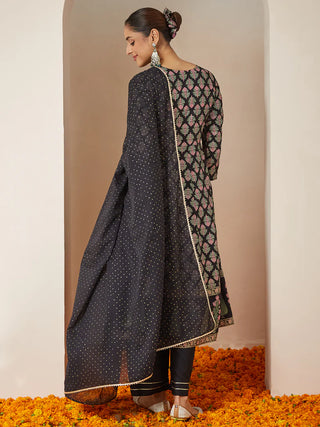 Rayon Black Ethnic Motif & Foil Print Anarkali Shape Suit Set with Chiffon Dupatta