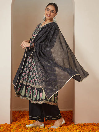 Rayon Black Ethnic Motif & Foil Print Anarkali Shape Suit Set with Chiffon Dupatta