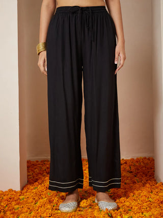 Rayon Black Ethnic Motif & Foil Print Anarkali Shape Suit Set with Chiffon Dupatta