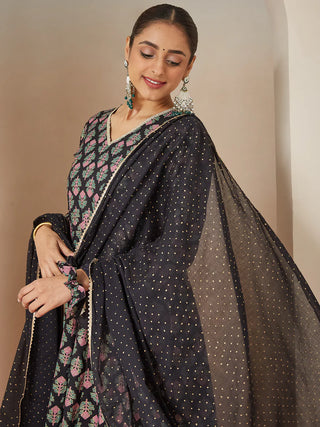 Rayon Black Ethnic Motif & Foil Print Anarkali Shape Suit Set with Chiffon Dupatta