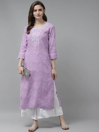 Lavender Rayon Leheriya Print & Embroidered Straight Cut Kurta