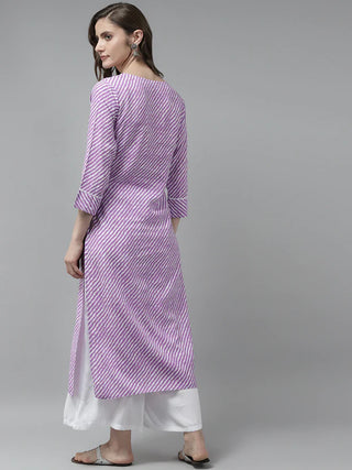 Lavender Rayon Leheriya Print & Embroidered Straight Cut Kurta