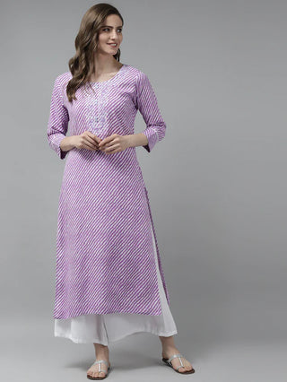 Lavender Rayon Leheriya Print & Embroidered Straight Cut Kurta