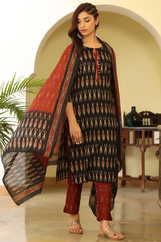 Black Rayon Blend Ethnic Motif Print & Ikat Print Suit Set with Dupatta