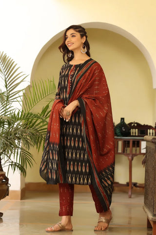 Black Rayon Blend Ethnic Motif Print & Ikat Print Suit Set with Dupatta