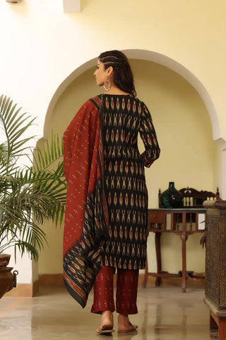 Black Rayon Blend Ethnic Motif Print & Ikat Print Suit Set with Dupatta