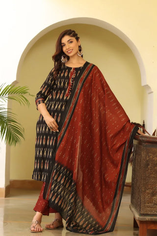 Black Rayon Blend Ethnic Motif Print & Ikat Print Suit Set with Dupatta