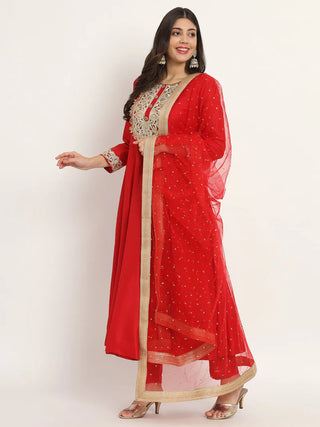 Red Anarkali Suit Set With Net Dupatta