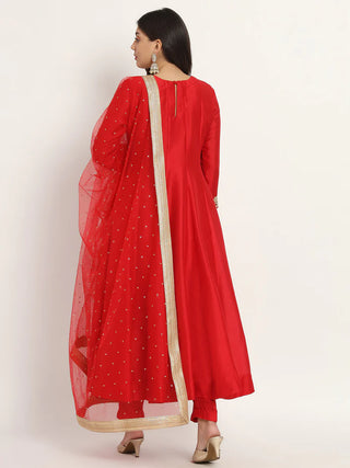 Red Anarkali Suit Set With Net Dupatta