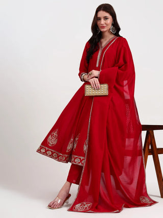 Red Silk Blend Kalidaar Embroidered Anarkali Suit Set with Dupatta