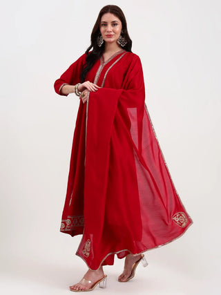 Red Silk Blend Kalidaar Embroidered Anarkali Suit Set with Dupatta