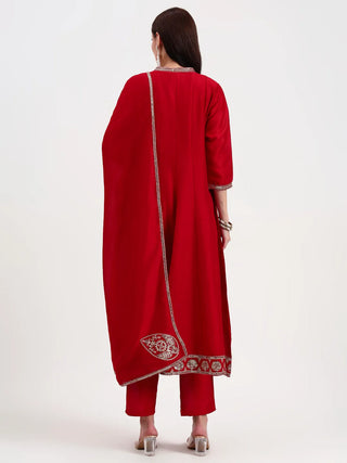 Red Silk Blend Kalidaar Embroidered Anarkali Suit Set with Dupatta
