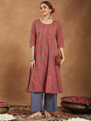 Red & Grey Cotton Floral Print A Line Kurta Bottom Set