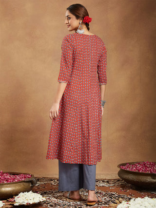 Red & Grey Cotton Floral Print A Line Kurta Bottom Set