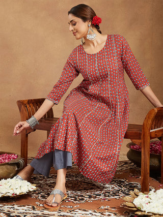 Red & Grey Cotton Floral Print A Line Kurta Bottom Set