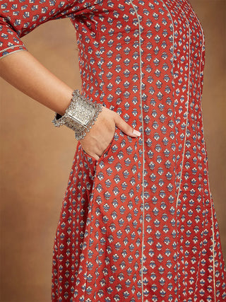 Red & Grey Cotton Floral Print A Line Kurta Bottom Set