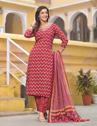 Red Viscose Block Print Suit Set with Chanderi Cotton Dupatta