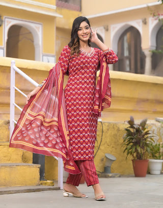 Red Viscose Block Print Suit Set with Chanderi Cotton Dupatta