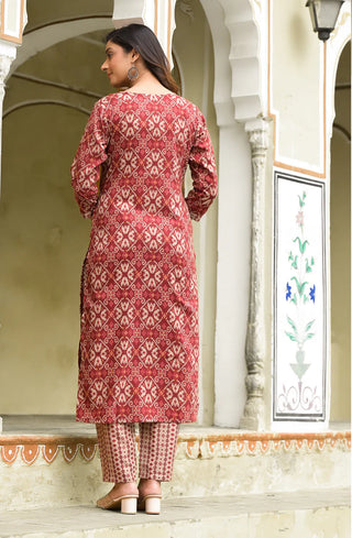 Red Viscose Block Print Suit Set with Chanderi Cotton Dupatta