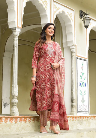 Red Viscose Block Print Suit Set with Chanderi Cotton Dupatta