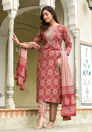 Red Viscose Block Print Suit Set with Chanderi Cotton Dupatta