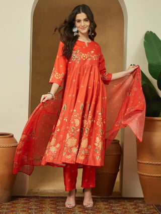 Orange Cotton Blend Floral Print Anarkali Shape Suit Set with Chanderi Blend Dupatta