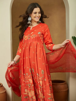Orange Cotton Blend Floral Print Anarkali Shape Suit Set with Chanderi Blend Dupatta